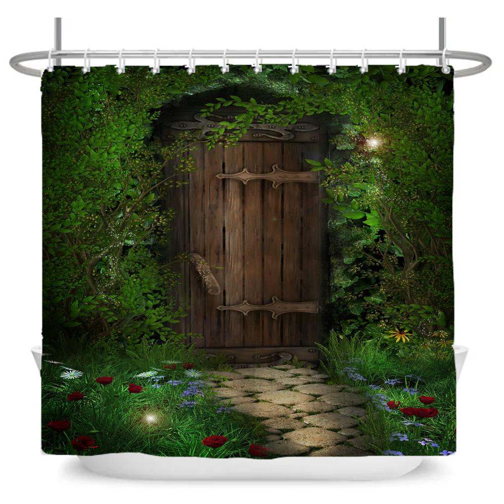Enchanted Forest Shower Curtain Cartoon Magic Tale Mushroom Wonderland Gothic Shower Curtain Waterproof Bath Decor With Hooks