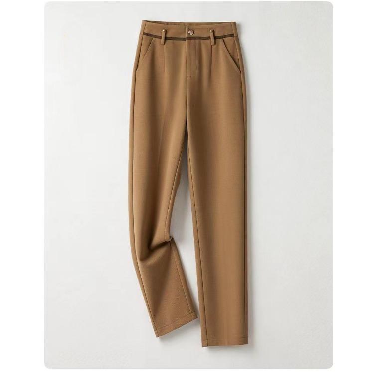 Luxurious Apricot Woolen Trousers for Women: Elegant High Waist, Skinny Cigarette-style Cut, Perfect for Autumn and Spring Seasons