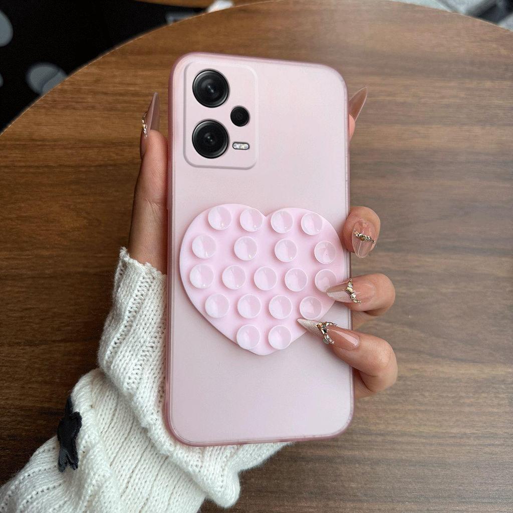 Heart Shape Suction Cup Phone Case for Xiaomi Redmi Note 12 Pro+ 5G,12 Pro 5G Semi Transparent Matte Shockproof Soft TPU Cover