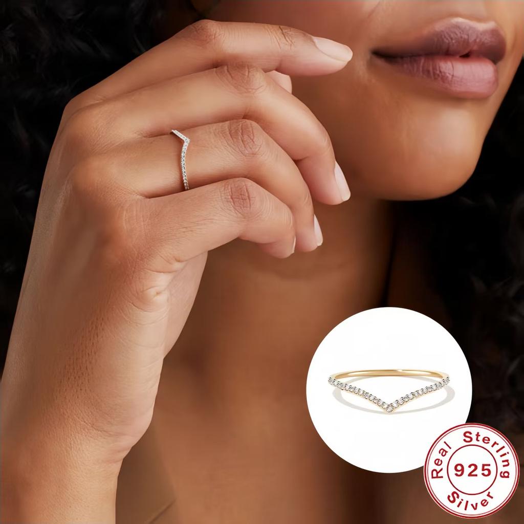 925 Silver Fashion V-Shaped Zircon Shiny Thin Ring for Women Anniversary Party Personalized High Quality Fine Jewelry