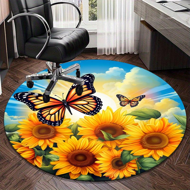Butterflies And Sunflowers round carpet Chair cushion Round Entryway Rug, Soft Round Rugs for Living Room, Bedroom, Circle Carpet decor gifts