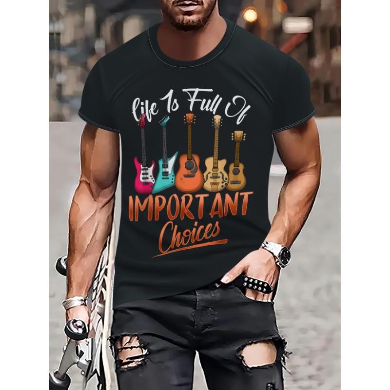 

Мужская футболка с 3D-принтом с узорами фортепиано и гитары, модная футболка с коротким рукавом в стиле классической музыки, уличный хип-хоп, повседневный топ 5XL чёрный