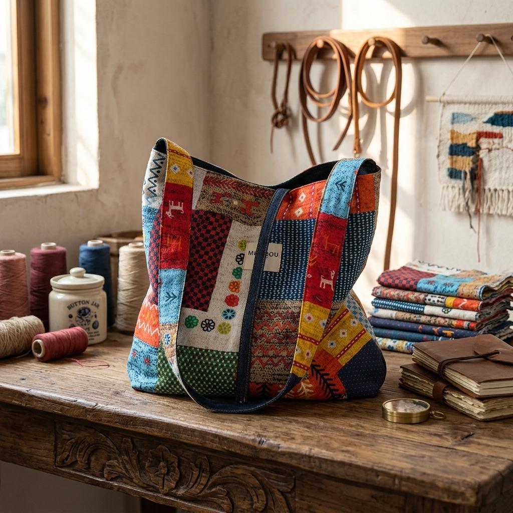 Double-Sided Bohemian Denim Canvas Tote Bag Vintage Contrast Color Commuter Handbag For Women