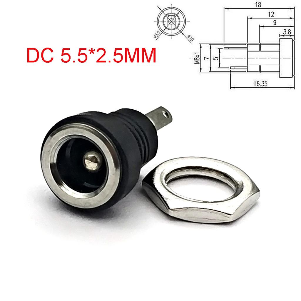 5.5mm X 2.1mm / 5.5 X 2.5mm DC Power Jack Socket Female Panel Mount Connector Metal Panel Mount Interface Plug Wire Terminals