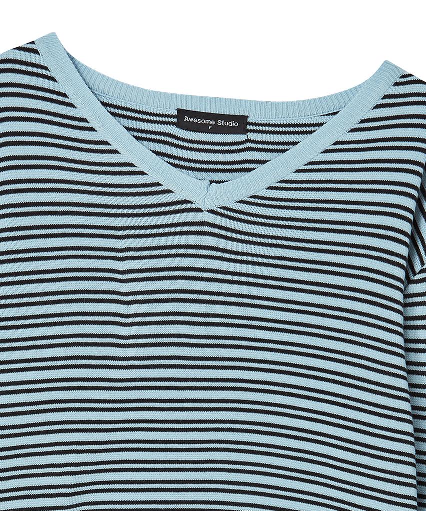 AWESOME STUDIO Classic (Stripe) V-Neck Knit Sky Blue