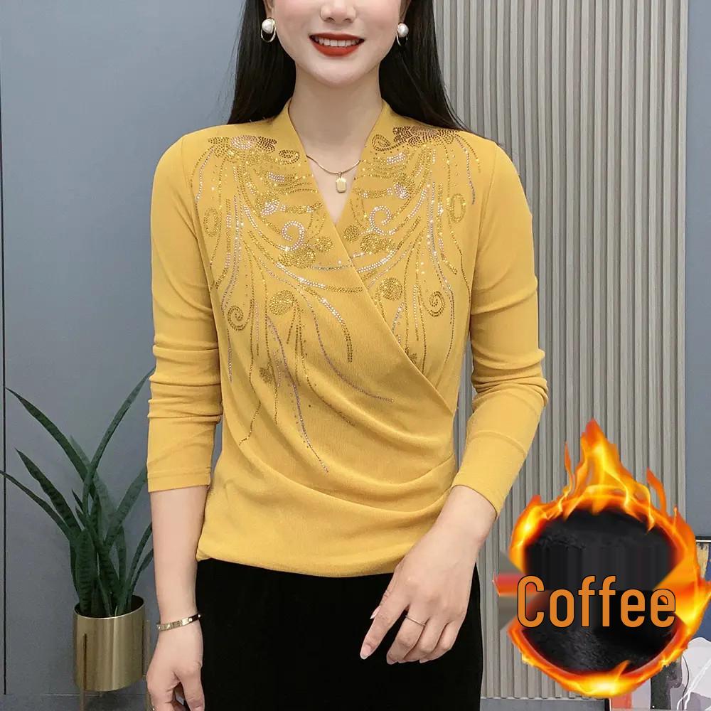 Autumn/Winter Cross-Neck Rhinestone Phoenix Long-Sleeve Base Layer Shirt
