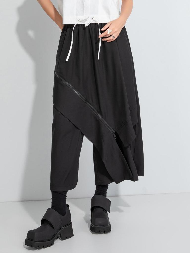 2025 Women's Autumn Elastic Waist Wide-Leg Culottes with Faux Two-Piece Design