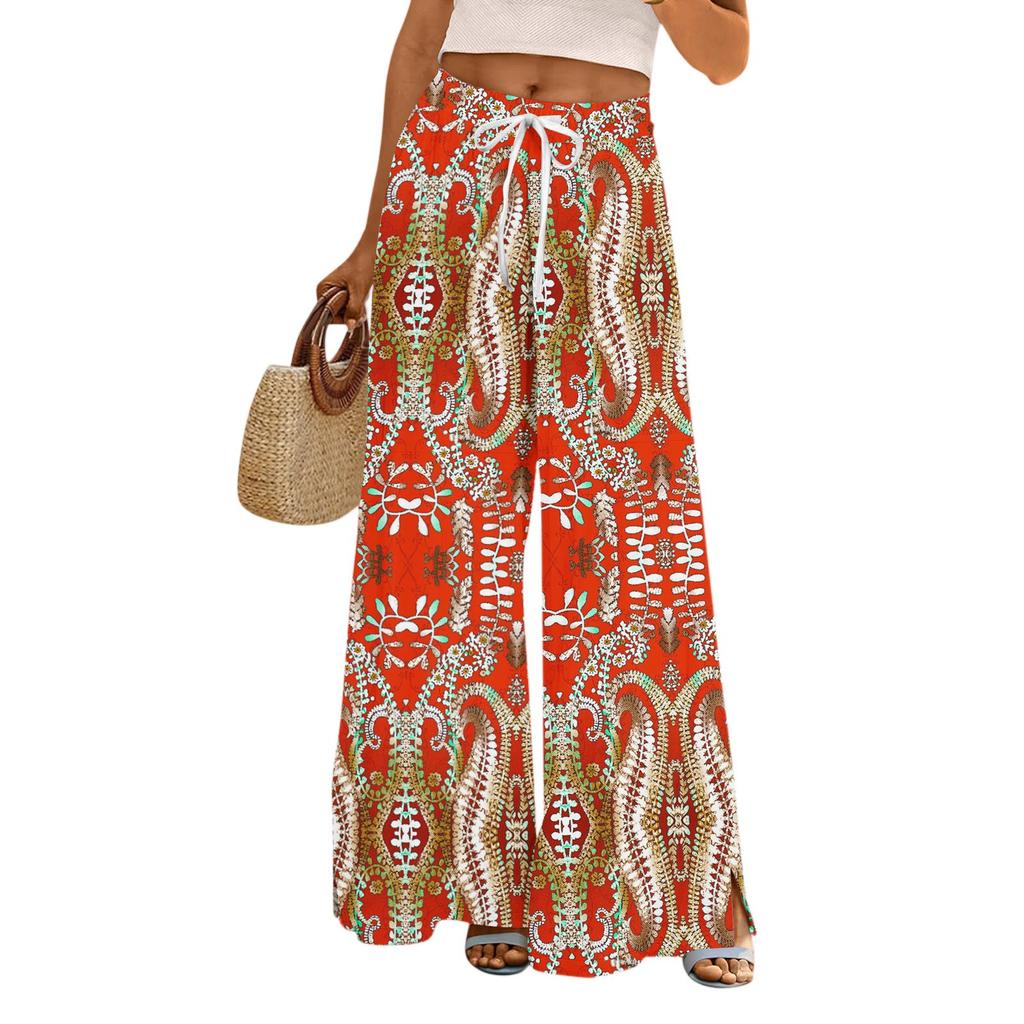 Women's Printed Wide Leg Pants With Pockets High Waist Drawstring Loose Casual Pants
