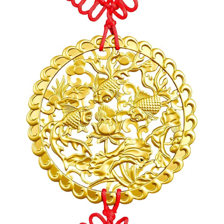 Aris & Juno Brass Abundance Fish Round Wall Decor, Traditional Chinese Feng Shui Hanging Ornament with Three Fish and Chinese Knot, Antique Copper Small