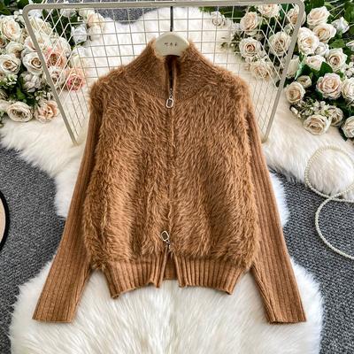 Fake Fur Zipper Stand Up Collar Jacket for Women In Winter Spliced Slim Fit and Slimming Knit Woman Sweater