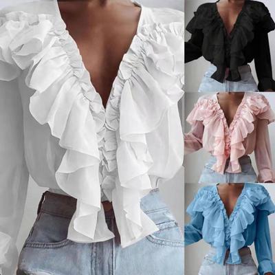 Guler Dimensiune Mare Solid Culoare Dulci Maneca Lejera Camasa Sifon Volane Pulover Bluza