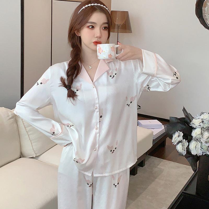 Ice Silk Pajamas Women'S Spring Summer New Long-Sleeved Trousers Casual Loungewear High-End Satin Silk Suit