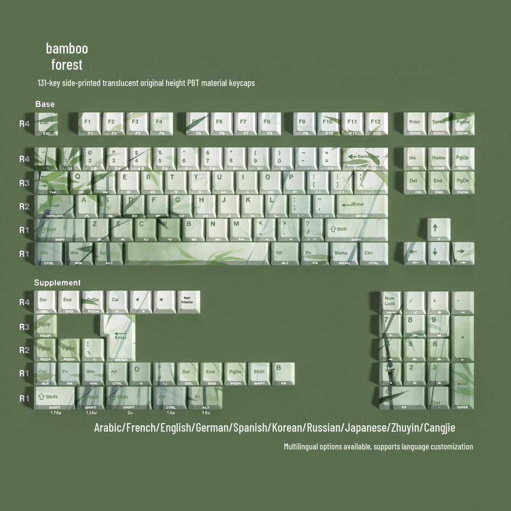 JCM Bamboo Forest PBT Keycap Set - Double-Shot Translucent with Korean, Russian, German, Spanish, French, Pinyin, and Wubi Layouts