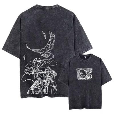Colored Washed T-shirt Printed Retro Harajuku Top with Anime Attack Titan Graphics Neutral Summer Cotton Loose