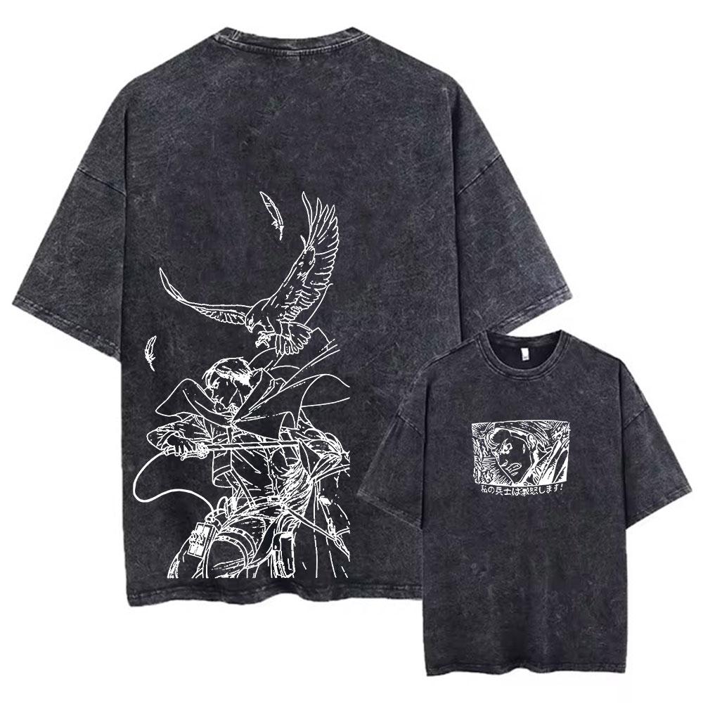 Colored Washed T-shirt Printed Retro Harajuku Top with Anime Attack Titan Graphics Neutral Summer Cotton Loose