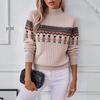 2025 Autumn/Winter Stand Collar Jacquard Long Sleeve Color Block Knit Pullover Sweater