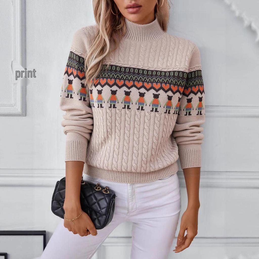 2025 Autumn/Winter Stand Collar Jacquard Long Sleeve Color Block Knit Pullover Sweater