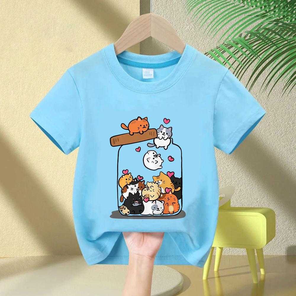 Fashion Funny Cat T Shirt Kids Letter Print Short Sleeve Round Neck Boys Girls Casual Summer Breathable Tshirt