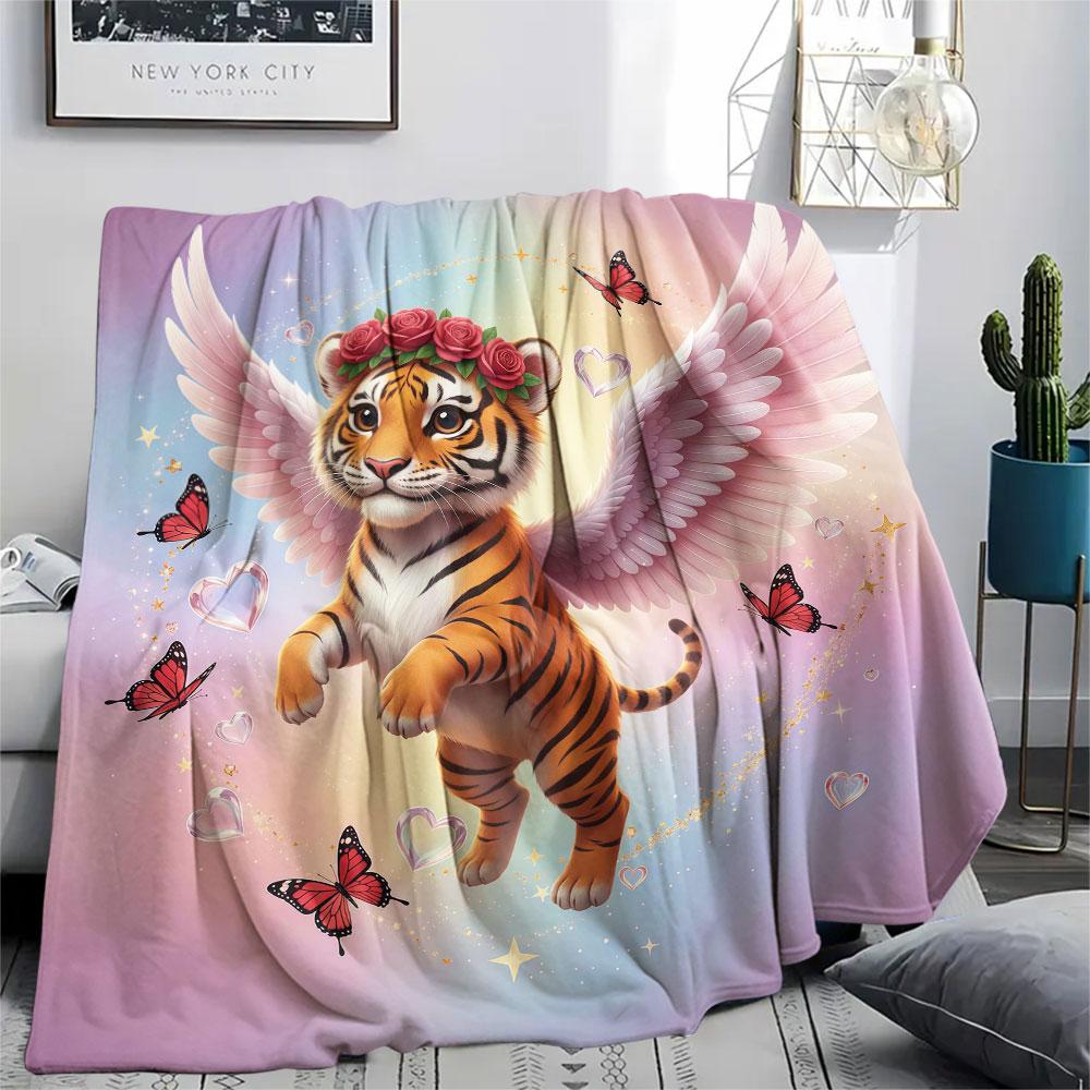 1Pc Angel Animals Print Flannel Blanket, High quality Comfortable for All Seasons, Home Decor, Warmth and Comfort, Perfect for Christmas Gifts