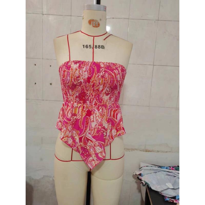 Letní móda Sexy horká holka Bez rukávů Tílko S plisovaným pasem Obepínající postavu Květinové Odhalující ramena Dámské halenky a košile