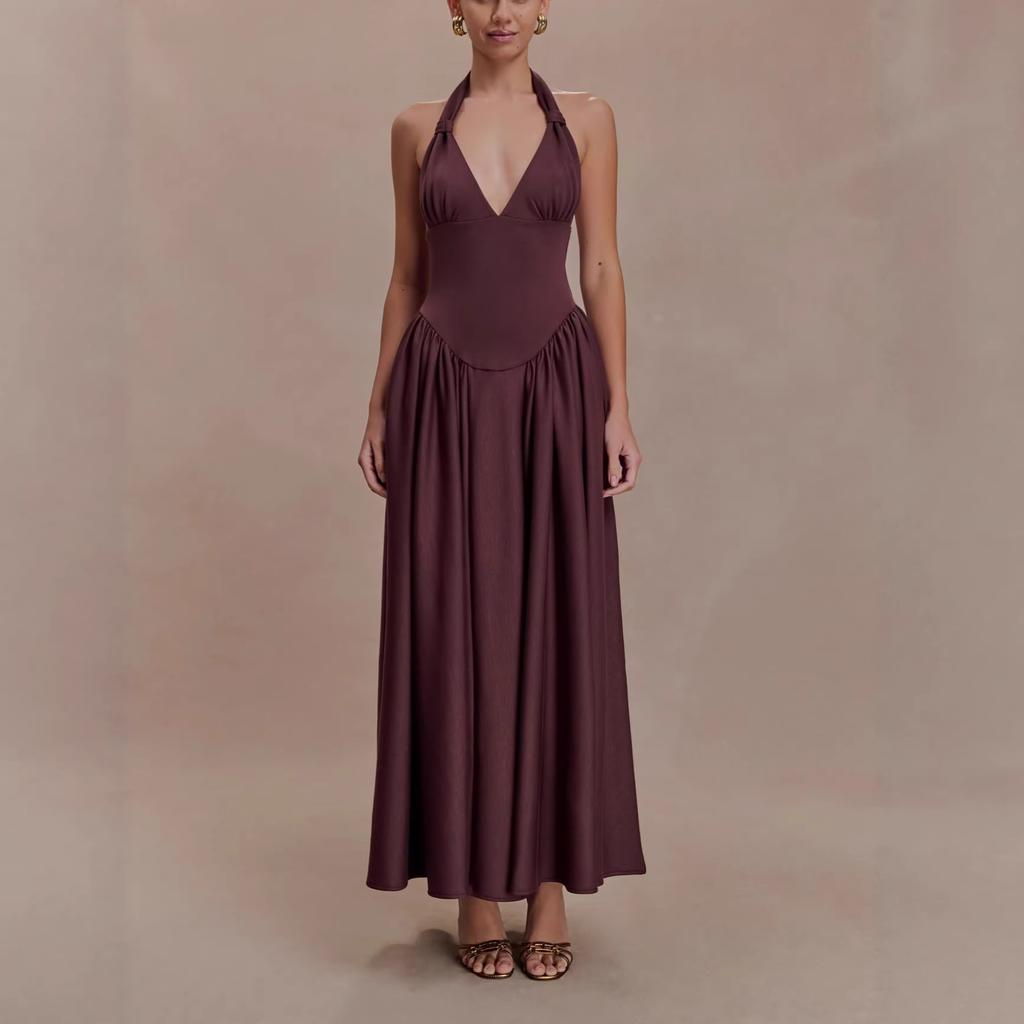 Women's fashion vacation style suspender long dress V-neck sexy backless waist European and American neck dress wholesale