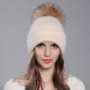 Hat For Women Angora Rabbit Fur Beanies With Natural Raccoon Fur Pompom Hats Winter Knitted Warm Silver Wire Female Cap