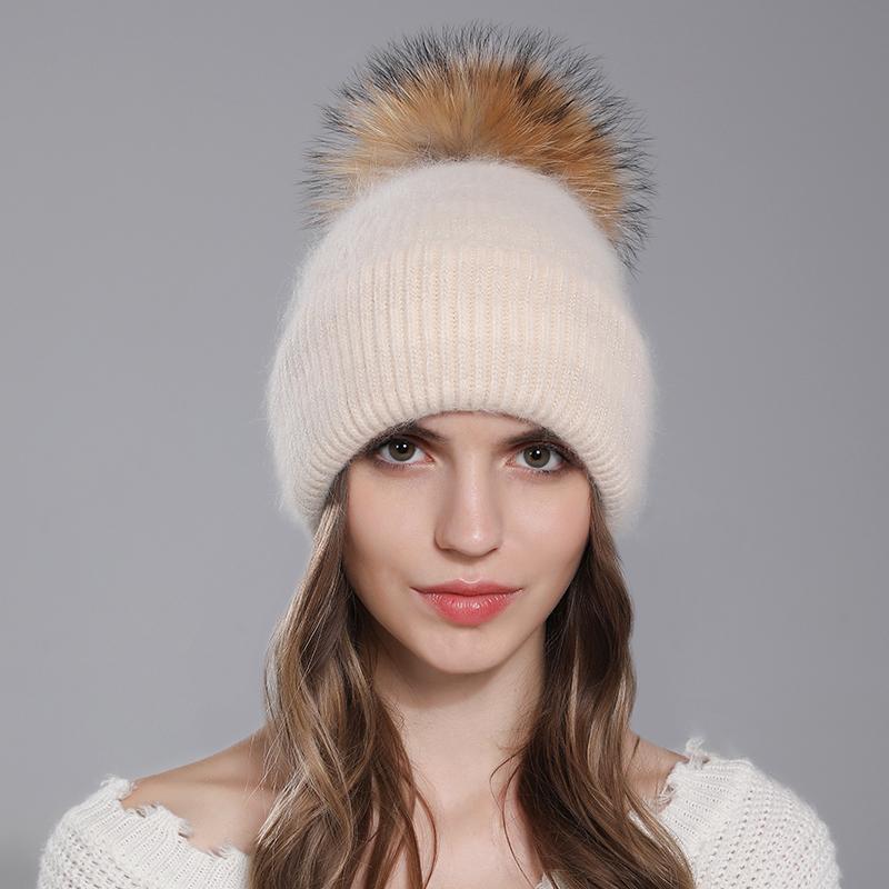 Hat For Women Angora Rabbit Fur Beanies With Natural Raccoon Fur Pompom Hats Winter Knitted Warm Silver Wire Female Cap