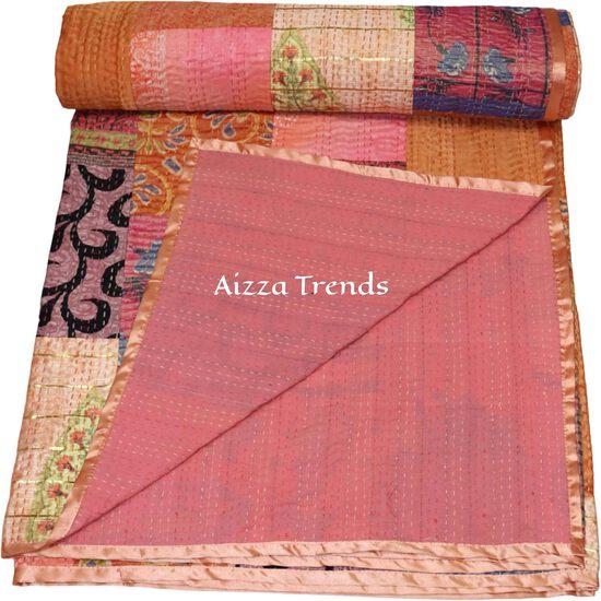 Aizza Trends Cuvertură Kantha din bumbac pur lucrată manual - Pătură decorativă tradițională indiană-Cuvertură vintage din sari de mătase de bumbac
