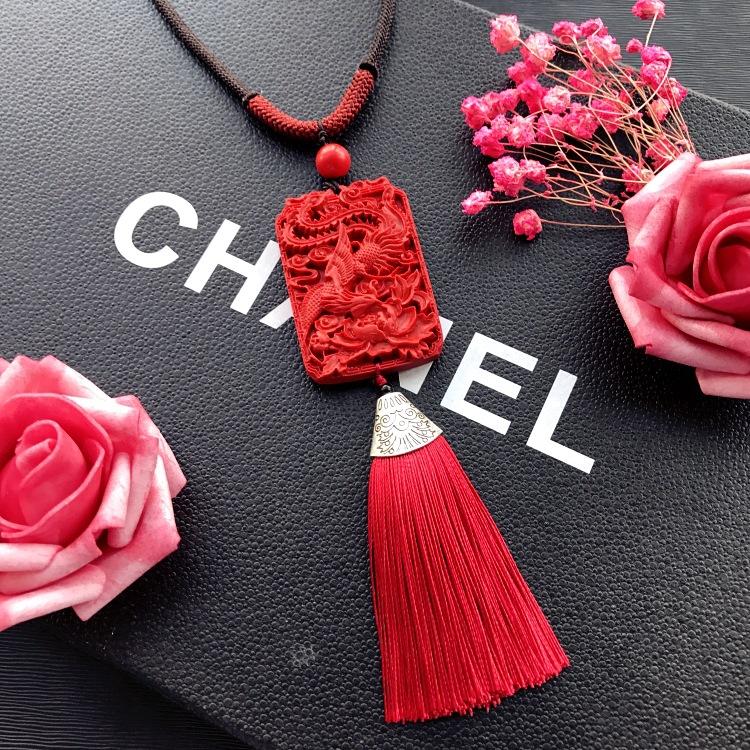Neoclassical Chinese red cinnabar fringed necklace retro fashion long versatile sweater chain four seasons ethnic style accessories
