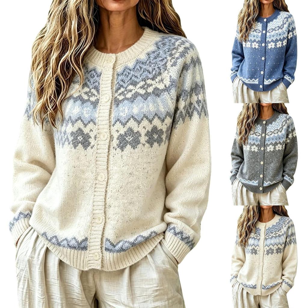 Maglione da donna rétro con scollo rotondo, vestibilità larga, bottoni colorati, per autunno inverno