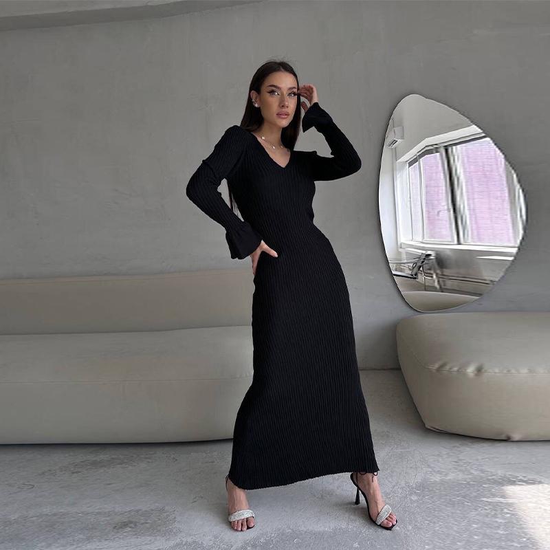 Women Elegant Solid Slim Long Sleeve Ribbed Knitted Dresses Autumn Winter Casual Basic V-neck Warm Sweater Dress