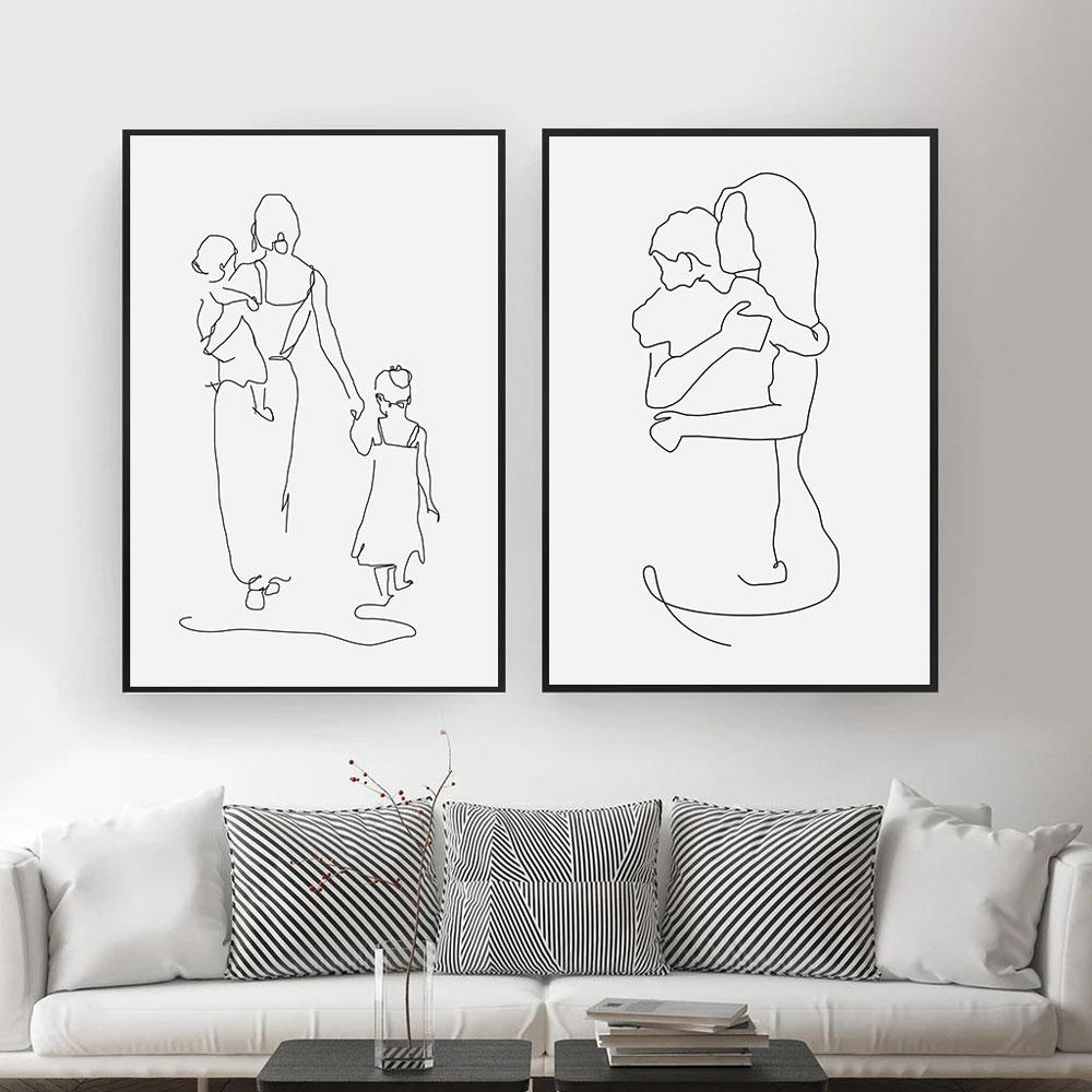 Mother and Daughters Son Art Line Drawing Posters Abstract Minimalist Wall Art Canvas Print Painting Moder Decorative Pictures