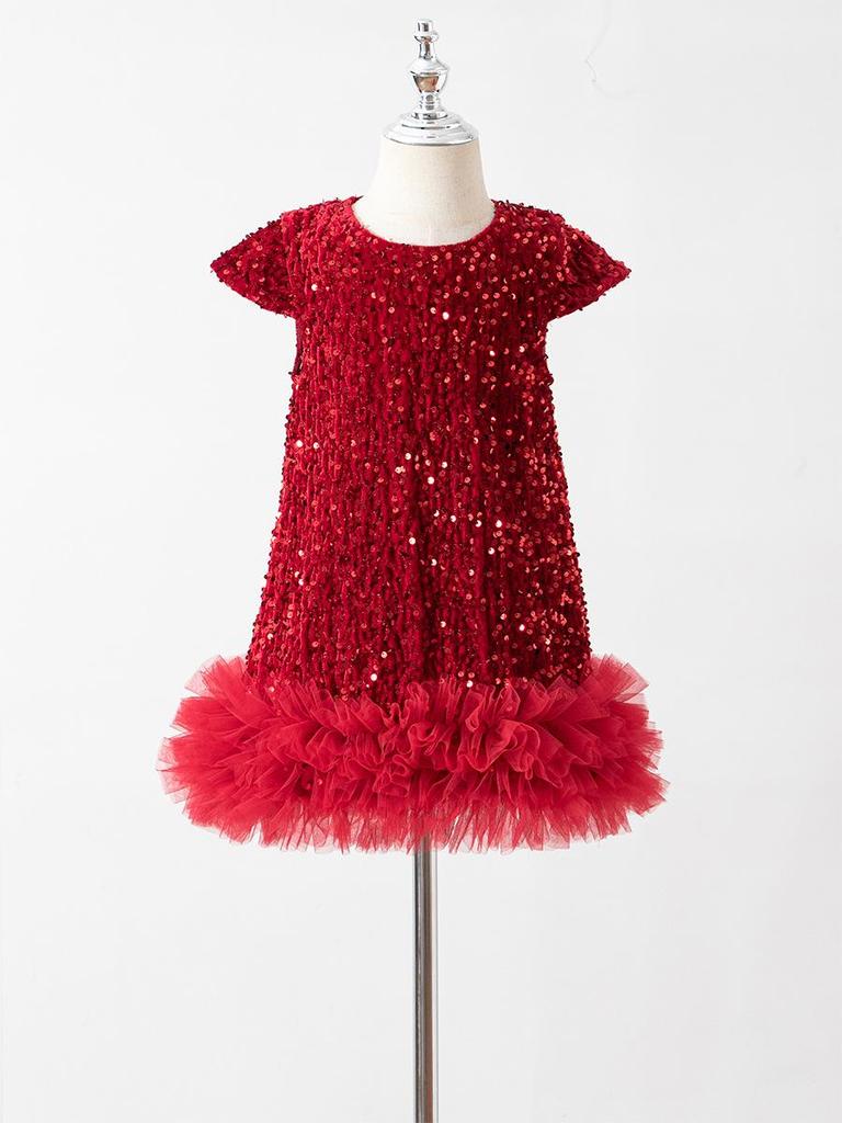 Girls' Sequin Princess Dress: 2025 Christmas Short-Sleeve Party Gown