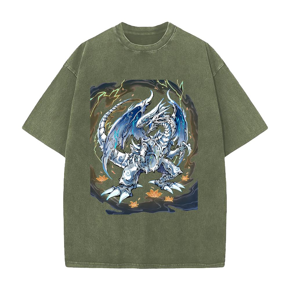Yu-Gi-Oh! White Dragon T-shirt Summer Short Sleeve Oversized Tee Shirt Vintage Washed Cotton Tops Clothing