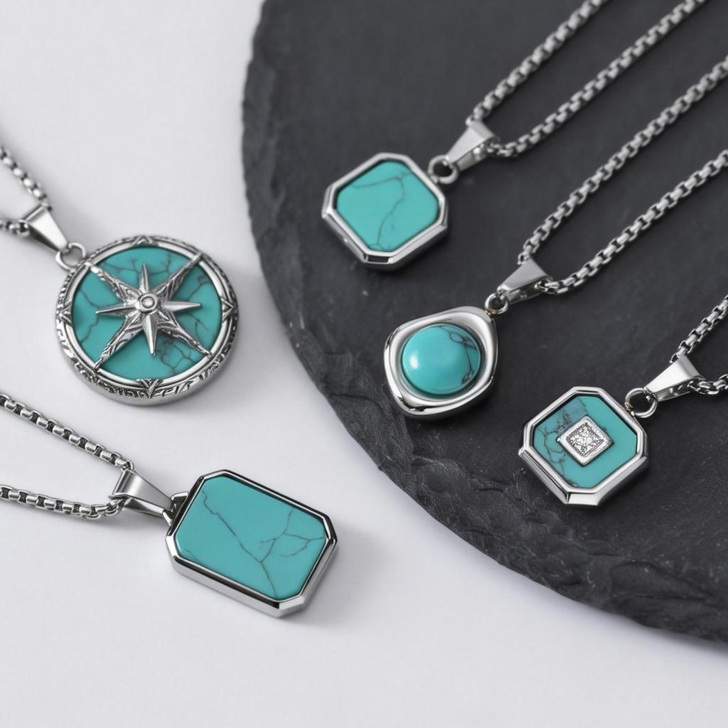 Blue Natural Stone Necklace for Men Boys,Waterproof Turquoise Square Pendant Necklace,Birthday Father Jewelry Gift