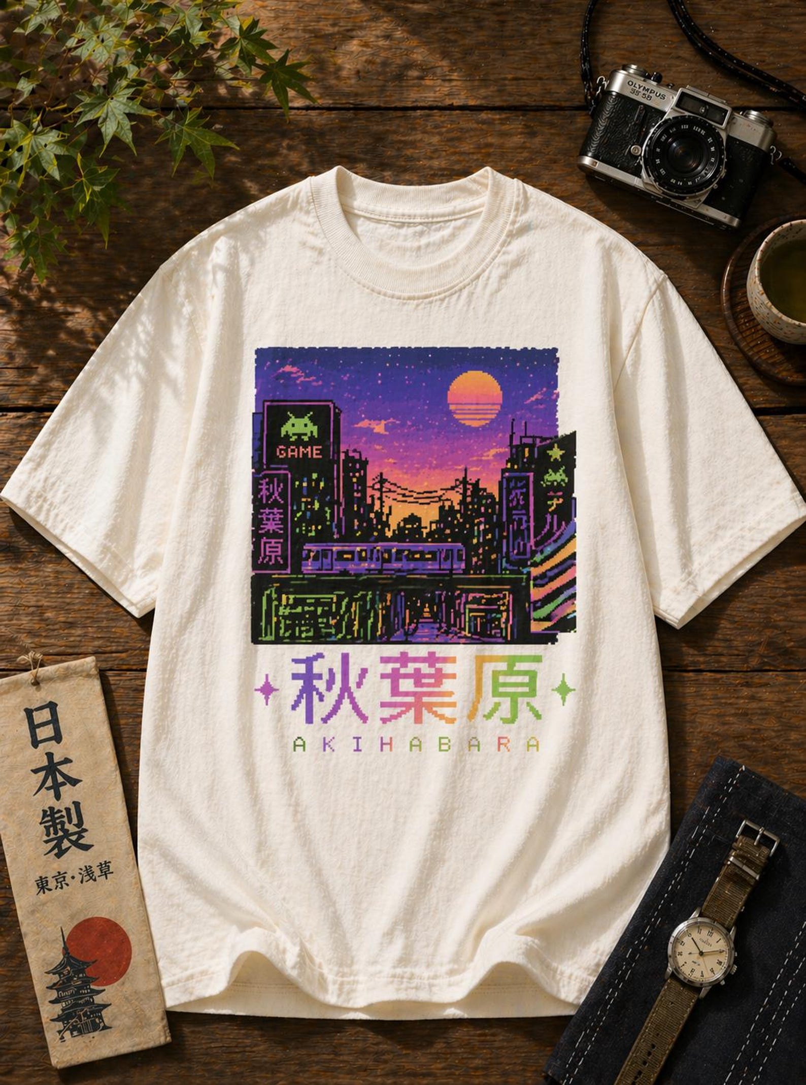 Akihabara Neon Pixel City Tee – Retro Gaming Streetwear Shirt M