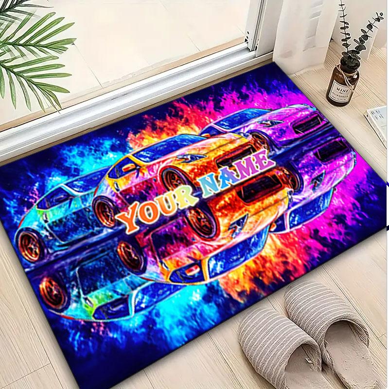 1PC Custom Name Car Artwork" Theme Floor Mat Ideal for Living Room, Game Rooms, Office, Bedroom,Floor Mat Playful Design