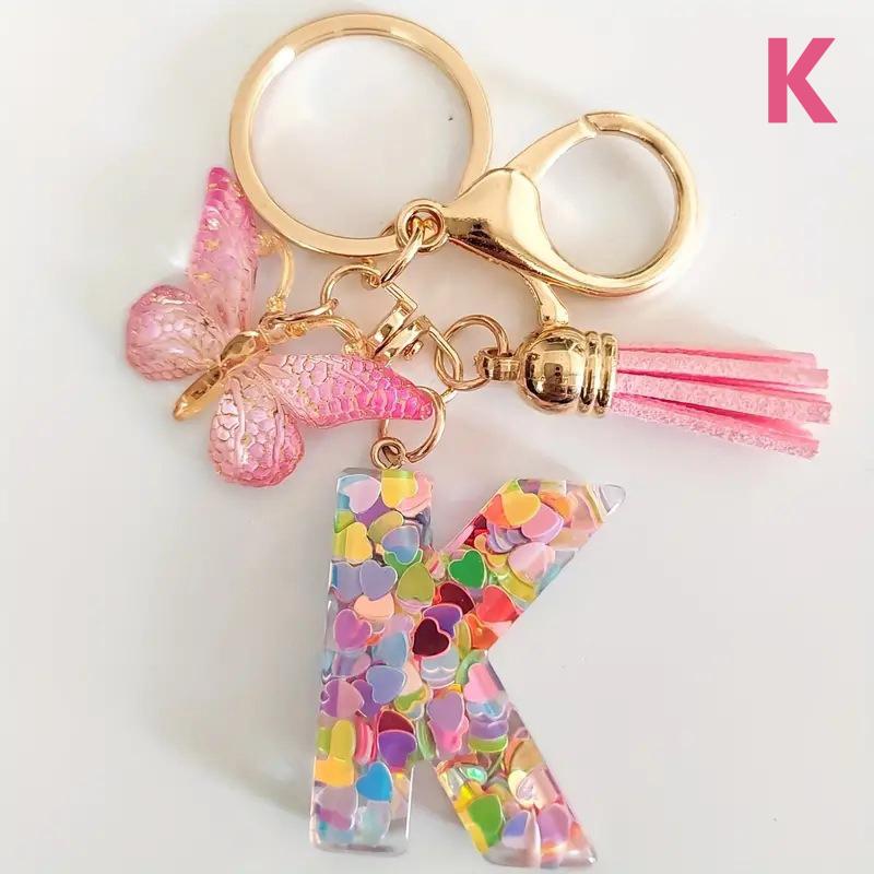 Breloc cu Litere cu Paiete, Ciucure, Pandantiv Fluture, Breloc Inițială, Agățătoare pentru Geantă, Farmece, Lanț Chei Auto, Cadou de Ziua Îndrăgostiților