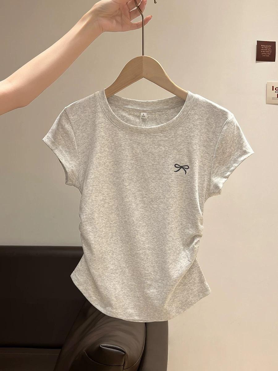 

White Bow Puff Sleeve Women s Slimming Short Top: 92% Cotton, 8% Spandex M сірий колір