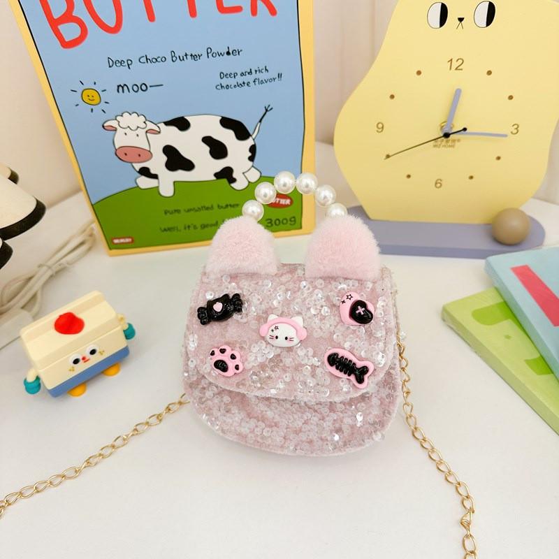 Charming Pink Bow Sequin Girls Shoulder Bag With Pearl Chain For Kids Fashion