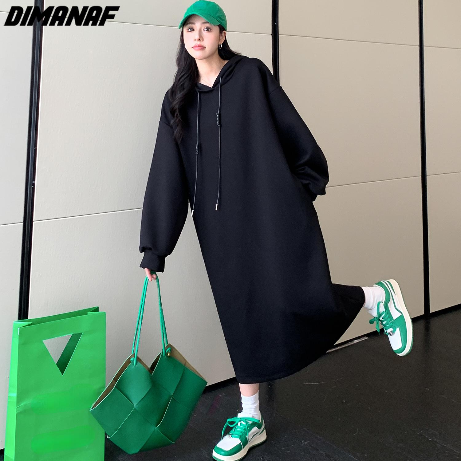 

DIMANAF зимние женские толстовки больших размеров, флисовое хлопковое плотное повседневное платье с длинными рукавами, свободное однотонное черное платье