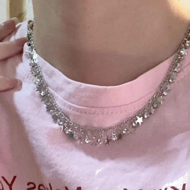 Fashionable Alloy Necklace Pentastar Charm Clavicle Chains Versatile Star Bead Choker Accessory Jewelry for Women