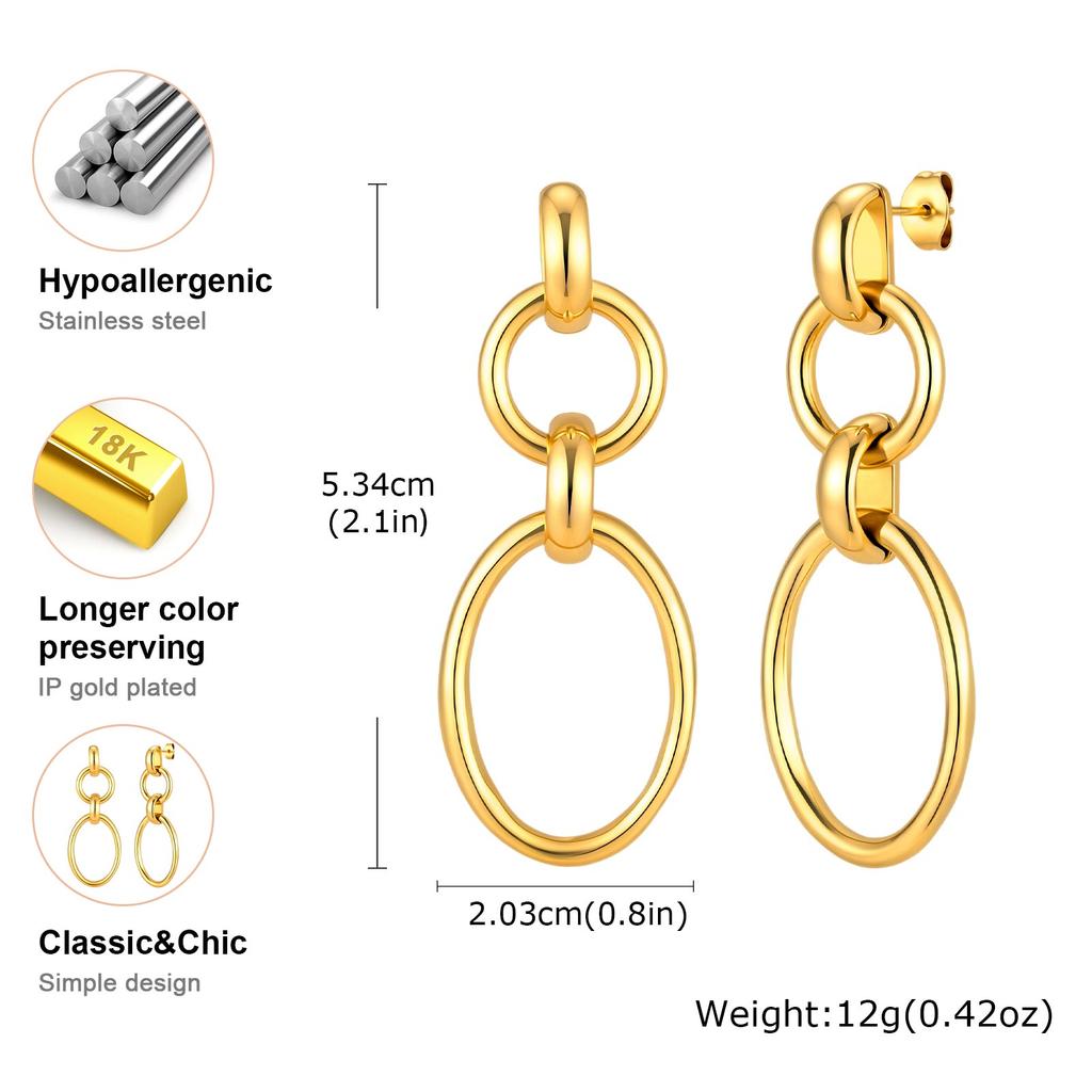 Chic Geometric Circle Drop Earrings for Women Stainless Steel Round Chain Earrings 18K Gold Plated Fashion Daily Jewelry