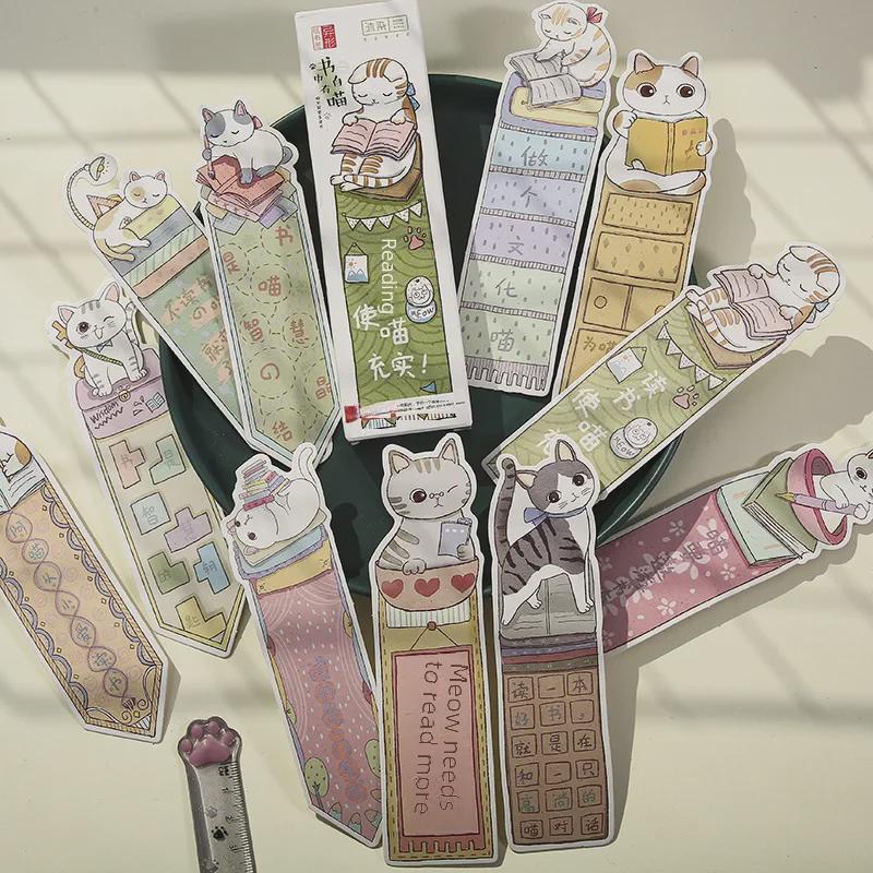 Mu Ran Hand-Painted Cat-Themed Shaped Paper Bookmarks, 30 Sheets