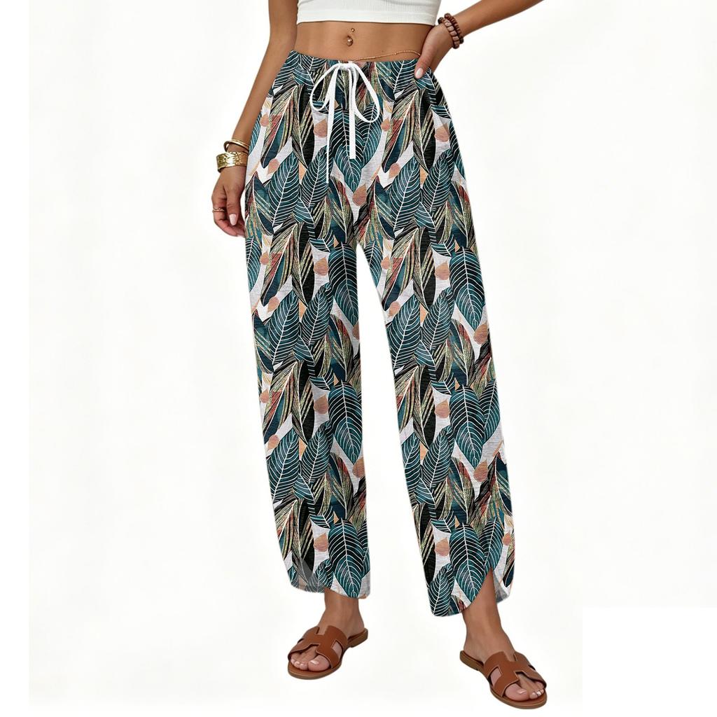 Women’s Casual Loose Straight Wide Leg Drawstring Printed Long Pants Lightweight Relaxed Fit Trousers for Daily Wear