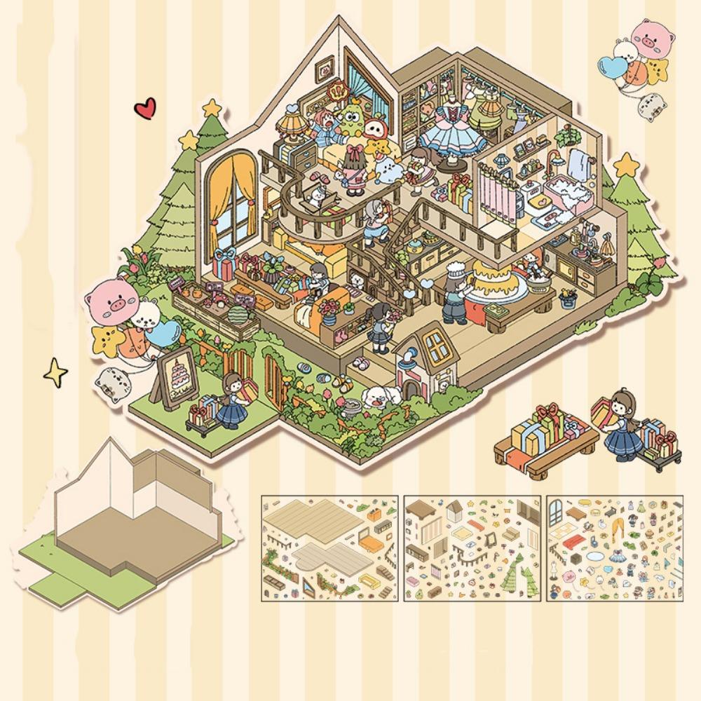Forest Party 3D Landscape Sticker Paper Plus Size Cabin Scene Game Stickers  Children/Kids