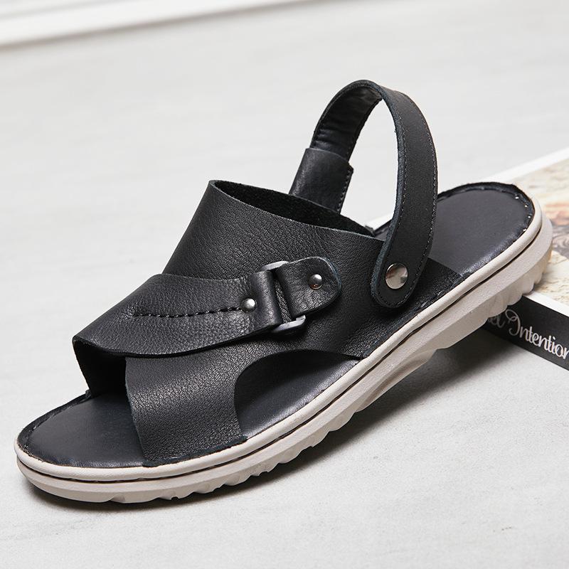 Genuine Leather Men Sandals 2026 Summer Fashion Hand sewn Stitching Rivet Wear-resistant Non Slip Open Toed Slippers Men Shoes 38