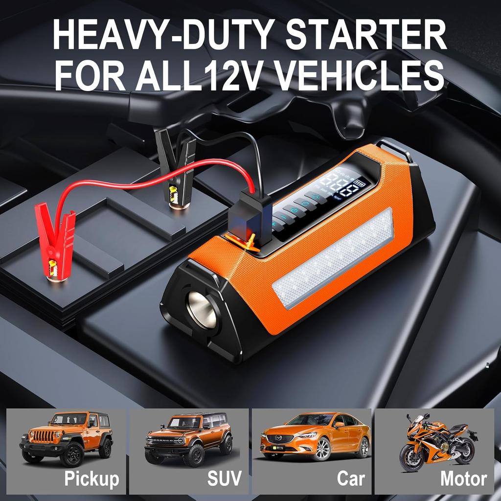 Startovací box do auta s vzduchovým kompresorem, 800 lumenovým LED světlem a 180 PSI přenosnou baterií, 12V automatický hustič pneumatik a startovací box v jednom, LCD displej