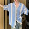 Summer Men Shirt Knitted Color Matching Lapel Elastic Japanese Style Single-breasted Short Sleeves Retro Antu-shrink Casual Vacation Beach Top