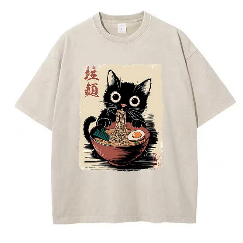 Oversize Japanese Style Ramen Cat T Shirt Vintage Washed Cotton T-Shirt Graphic Tee Casual Streetwear Spring Summer